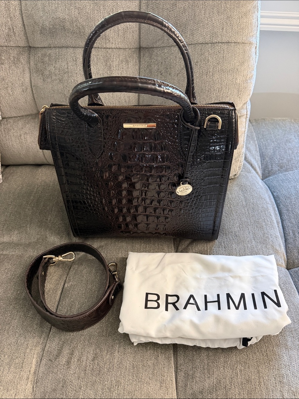 🔥Brahmin Caroline Dark Chocolate Croc-Embossed Satchel🔥
